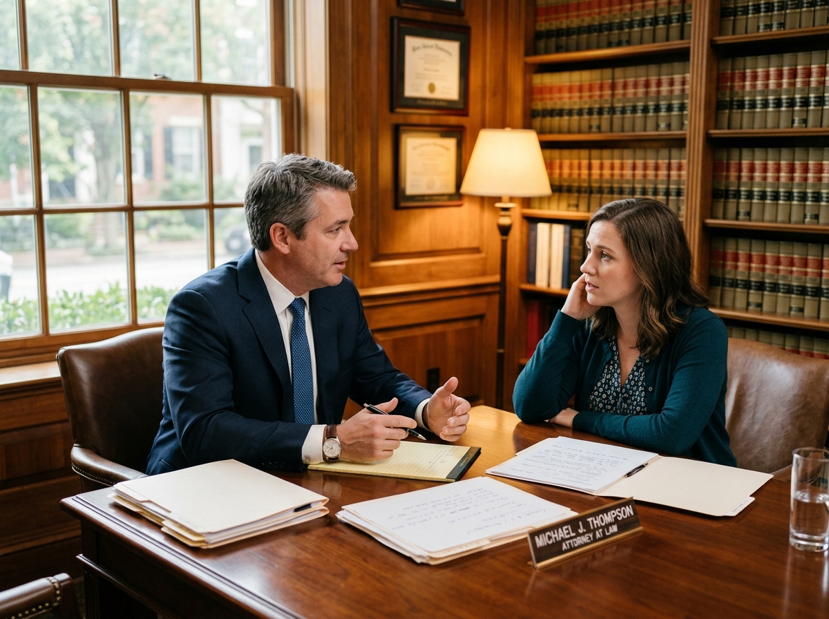 A Harlan & Pierce attorney reviewing a case with a client at their New York office