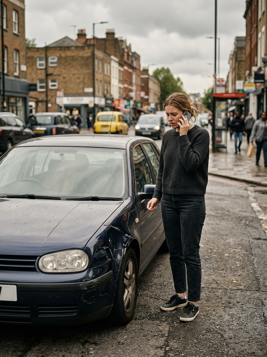 A driver on the phone beside a car with a dented fender after a city collision