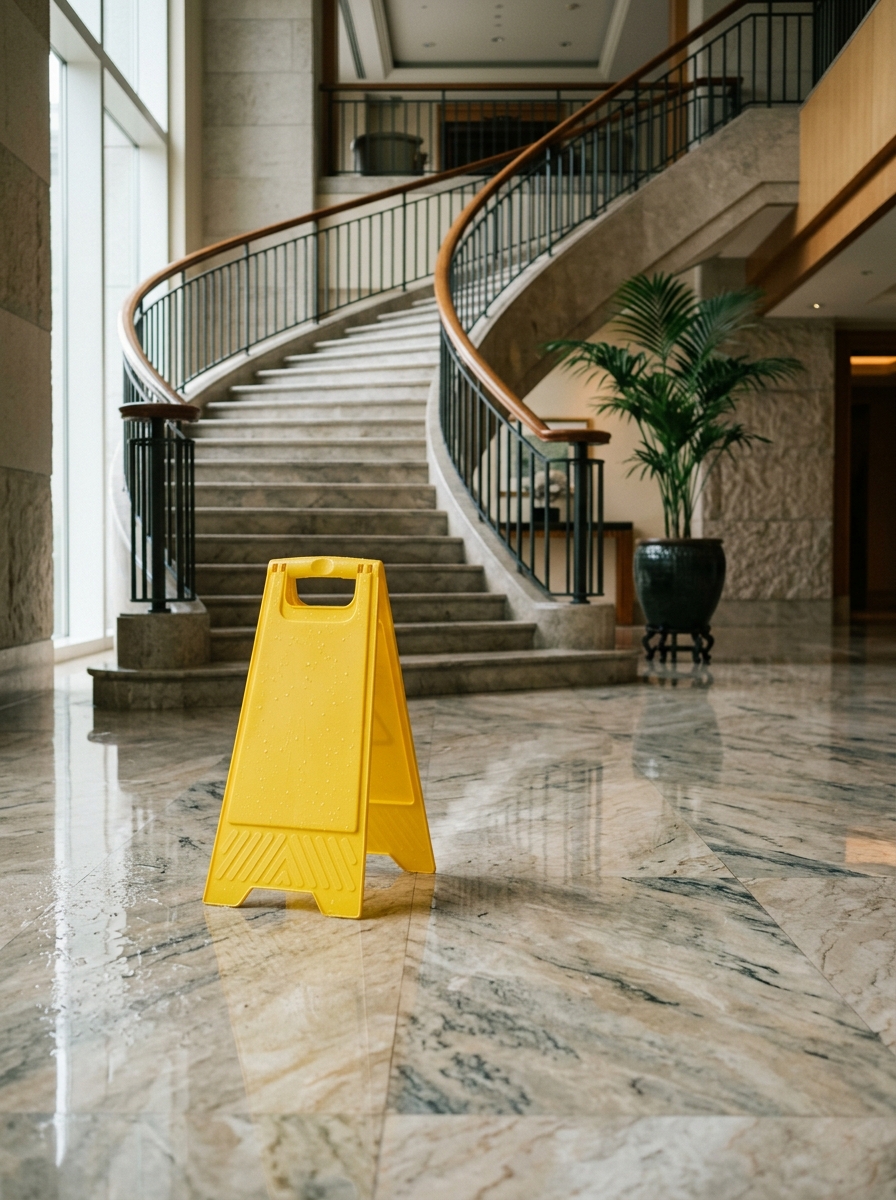 A yellow wet-floor caution sign on a polished lobby floor near a staircase