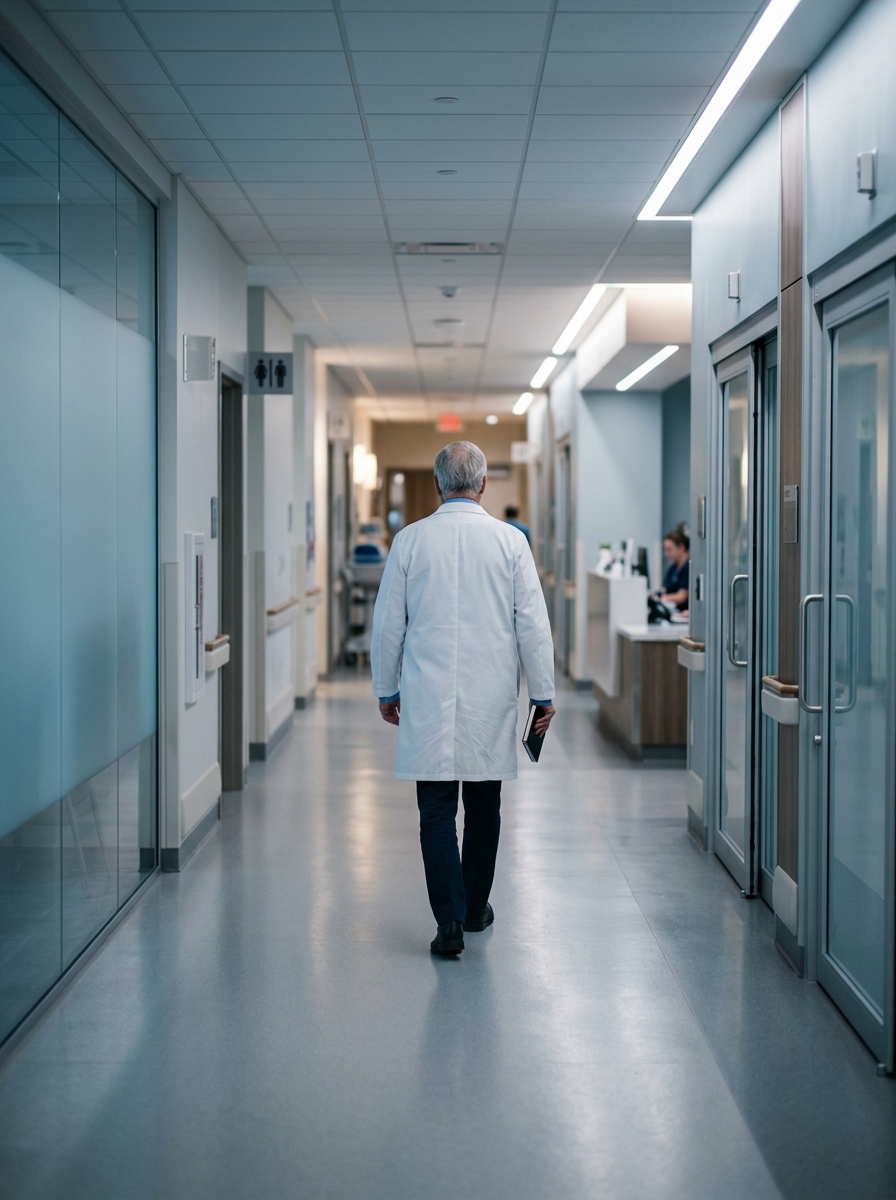 A doctor in a white coat walking down a softly lit hospital corridor
