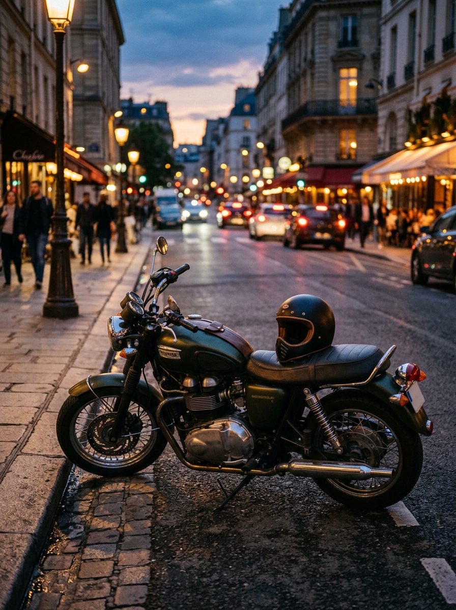 A motorcycle parked on a city street at dusk with a helmet on the seat