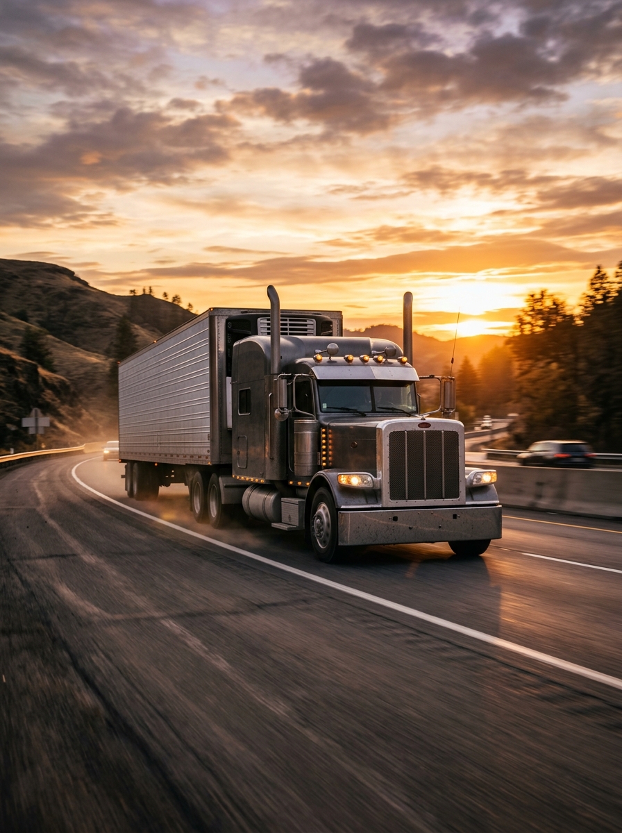 An 18-wheeler semi truck on a highway at golden hour