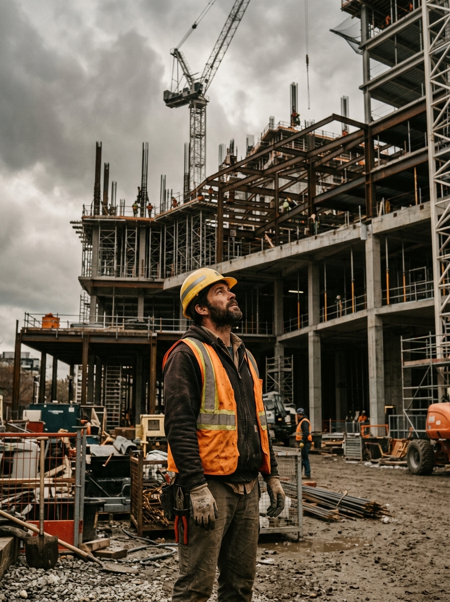 A construction worker in a hard hat and safety vest on a building site